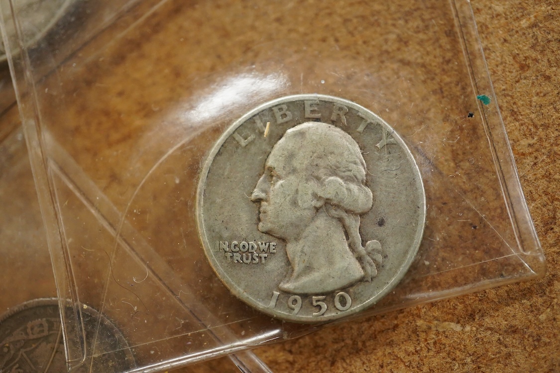 A small collection of silver coins and medals to include George III crown, 1820, Usa Morgan dollar, 1885, Edward VII florin, 1909, two George VI coronation medals in original boxes etc